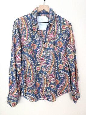 Cino Paisley Floral Blue Pink Orange Button Up Shirt 100% Cotton Size Medium